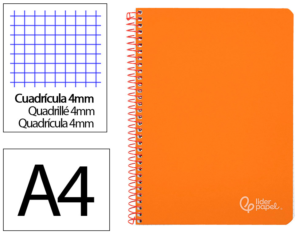 CUADERNO ESPIRAL LIDERPAPEL A4 WITTY TAPA DURA 80H 90GR CUADRO 4MM CON MARGEN COLOR NARANJA